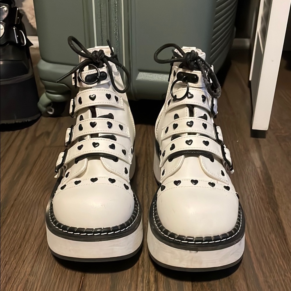 Demonia White and Black Heart Platform Shoes